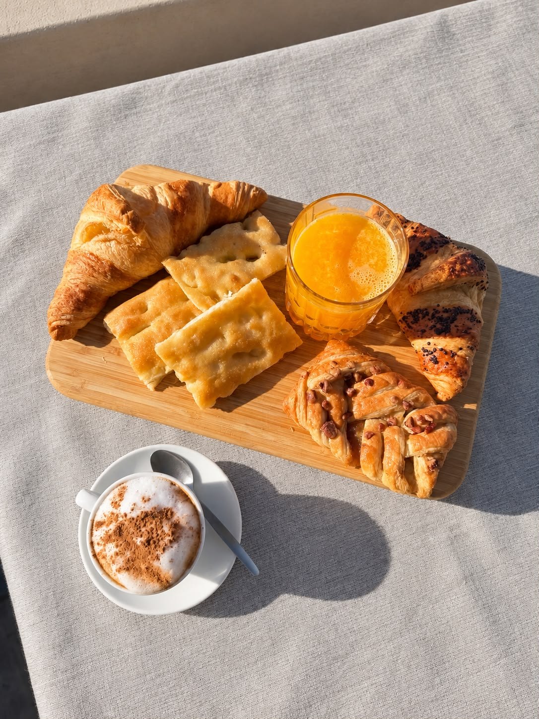 Cappuccino, succo d’arancia e una selezione di dolci per la colazione Ai Medi