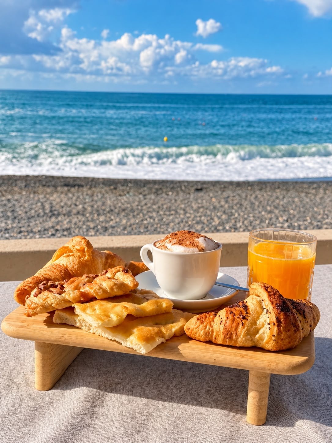 Colazione Ai Medi con caffè, succo e prodotti da forno davanti al mare