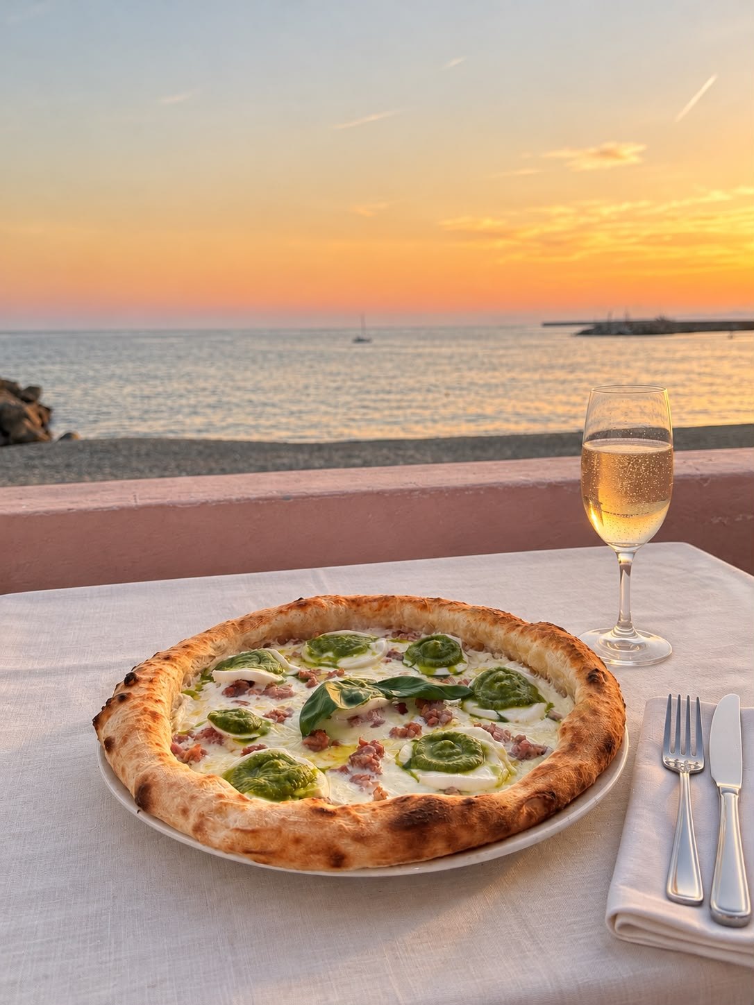 Una pizza Ai Medi con un calice di vino davanti al mare al tramonto
